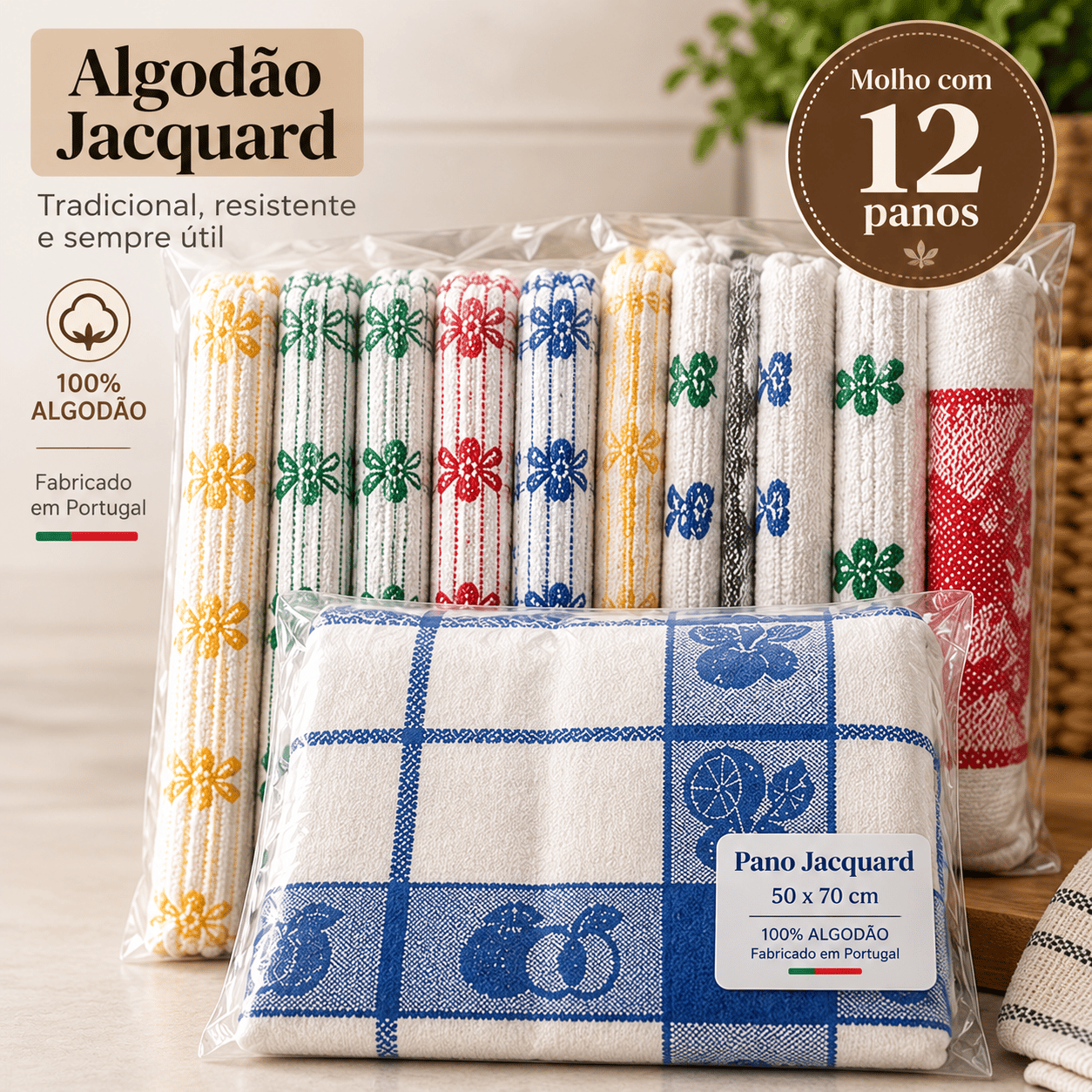 Panos de Cozinha Algodão Jacquard – Pack de 12